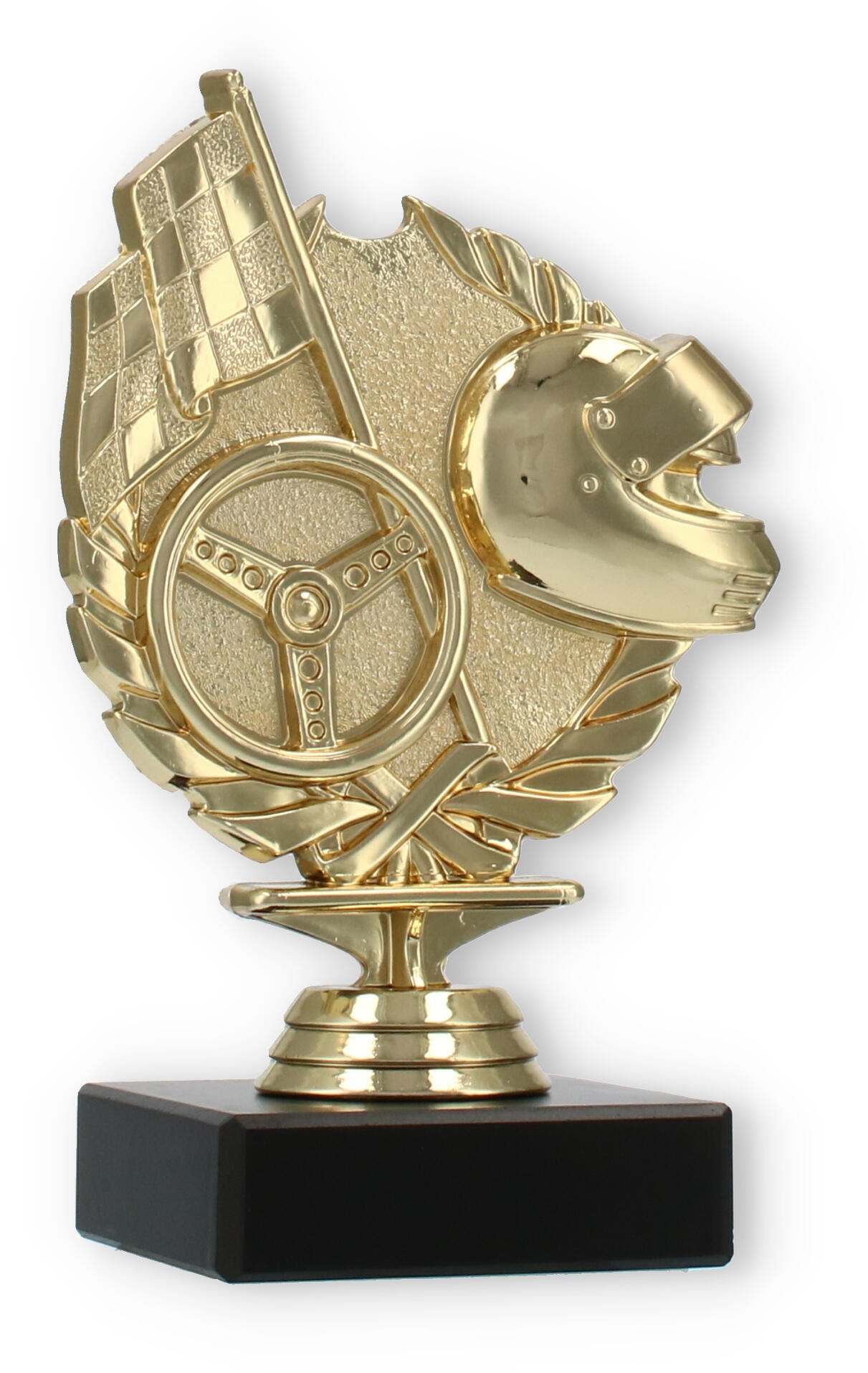 Pokal Kunststofffigur Rennsport gold auf schwarzem Marmorsockel 14,5cm