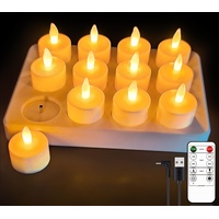 Rikiss LED Wiederaufladbar Kerzen mit Timerfunktion, Kann 40 Stunden arbeiten,Flammenlose kerzen mit Fernbedienung Flackernde Led Teelichter, Gelb,12Stück