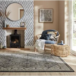 Kadima Design Wohnzimmerteppich mit Fransen & traditionellem geometrischem Muster - `Kelvin`. Farbe: Blau, 80x154 cm