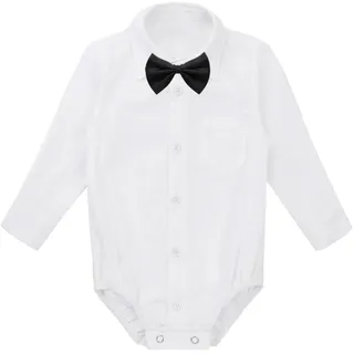 Freebily Baby Jungen Strampler mit Kentkragen Smoking Hemd Fliege Shirt T-Shirt Spielanzug für Hochzeit Taufe Geburstag Weiß Langarm 86 - 86