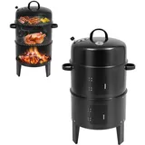 3-in-1 Smoker Grill, Räucher- und Schmorofen mit Temperaturregler für Garten, Balkon und Camping, Schwarz aus Edelstahl (Für Familien & BBQ-Liebhaber)