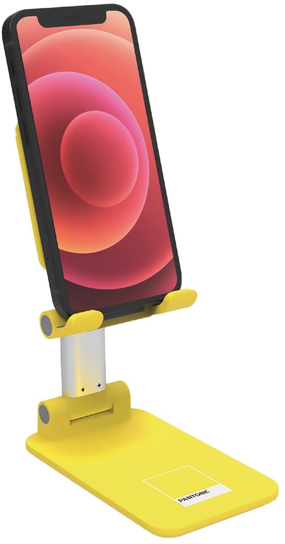 PANTONE Desktop Halterung Mobilgeraete gelb   Universeller und rutschfester Halterungskopf    für Smartphones und Tablets bis zu 12''   Robuster Sockel und stabiler Ständer
