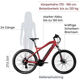 Zündapp Z898 E-Bike E Mountainbike 27,5 Zoll Pedelec 170 - 190 cm Hardtail MTB 24 Gang rot