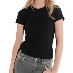 COURSE Damen T-Shirt Ripp-Shirt Sommer-Shirt Kurzarm-Shirt Freizeit-Shirt 900689 Schwarz - S