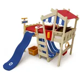 WICKEY Kinderbett, Hochbett Crazy Hutty mit aus Massivholz Blauer Rutsche & weiterem Spielzubehör 90 x 200 cm – Plane rot/blau - individuell Gestaltbar