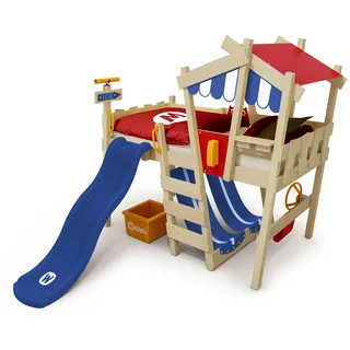 WICKEY Kinderbett, Hochbett Crazy Hutty mit aus Massivholz Blauer Rutsche & weiterem Spielzubehör 90 x 200 cm – Plane rot/blau - individuell Gestaltbar