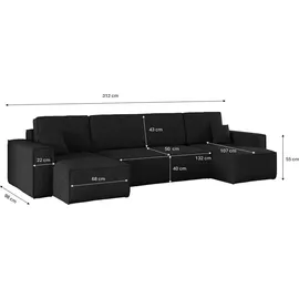 Kaiser Möbel Ecksofa mit schlaffunktion und bettkasten, Sofa U-form, Couch U-form BEST Cord Schwarz