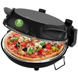 EMERIO Pizzaofen, Platte aus feuerfestem Stein, backt Pizza in kurzer Zeit (auch für TK Pizza), 31.5 cm Durchmesser, 1200 Watt, Timer, BPA frei, Pizzaheber aus Edelstahl, PM-129032.2, Schwarz