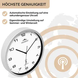 monzana Wanduhr Funk Automatische Zeitumstellung Geräuscharm Quarzuhrwerk Analog Funkuhr Uhr Modern Weiß Silber