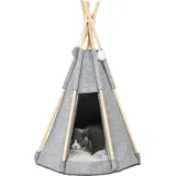 PawHut Tipi Zelt für Haustiere - Teepee Katze oder Hund - dicker Kissen für maximalen Komfort 2 Pompons inklusive - Holzstruktur aus Kiefer Filz Plüsch grau   Aosom