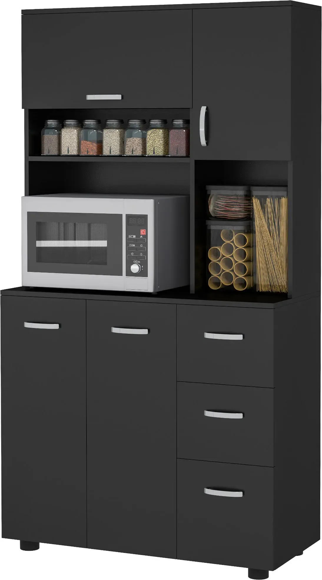 HOMCOM Küchenkommode Mehrzweckschrank 4 Türen 3 Schubladen Regal + große Ablagefläche 89L x 39,5B x 168H cm Schwarz   Aosom