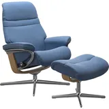 Stressless Relaxsessel STRESSLESS "Sunrise" Sessel Gr. Material Bezug, Material Gestell, Ausführung / Funktion, Maße B/H/T, blau (lazuli blau) mit Hocker, Cross Base, Größe S, M & L, Holzakzent Eiche