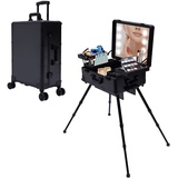 Kosmetikkoffer Trolley Groß mit Beleuchtetem Spiegel und Rollen Nagelkoffer Friseurkoffer Beauty Case, Ladesteckdosen, Höhenverstellbar Portable Travel Make up Organizer Box Kosmetiktasche Schwarz