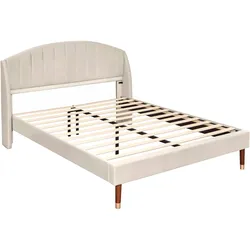 Merax Polsterbett 160x200 Ohrform Doppelbett aus Samt mit Kopfteil & Lattenrost Beige