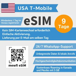 USA eSIM (USA, Mexiko, Kanada universal), 9 Tage unbegrenzte Internet-Daten, T-Mobile SIM, unbegrenzte Geschwindigkeit US Prepaid-Karte, unbegrenzte Ortsgespräche und lokale Texte. (9 Tage)