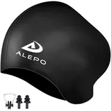 Alepo Badekappe Damen Lange Haare, Hochelastische Dicke Silikon Schwimmkappe Damen Herren Unisex Erwachsene, Badehaube Bademütze mit Ohrstöpseln Nasenclip, Halten Sie Ihr Haar Trocken(Schwarz)