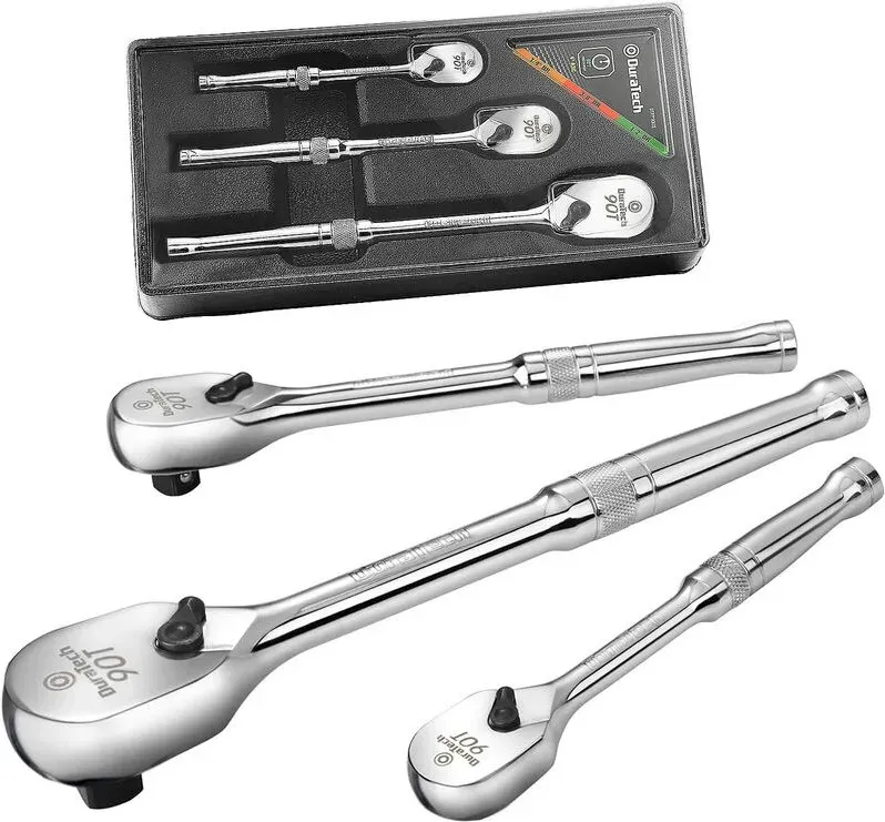 DURATECH 3-teiliges Ratschenset, Ratschen mit Antrieb 1/4 Zoll, 3/8 Zoll, 1/2 Zoll, schmutzbeständiger 90-Zahn-Ratschenschlüssel, aus Chromlegierung gefertigt, vollständig poliert, geordnet im Aufbewahrungskoffer