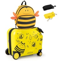 COSTWAY Kinderkoffer 12"+18" Trolley, zum sitzen, mit 4 Rollen & Rucksack gelb