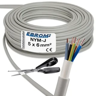 EBROM NYM-J 5x6 mm2 - Mantelleitung - Installationskabel - Feuchtraumkabel - grau - Auswahl in 5 Meter Schritten bis 50m, Ihre Auswahl: NYM-J 5x6 mm2, Länge: 5m