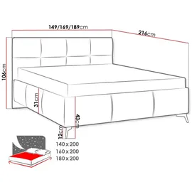 Mirjan24 Polsterbett Genua, Bett mit Bettkasten, Polsterkopfteil, Gasdruckfeder und Metallfüße (Farbe: Fresh 01, Größe: 140x200 cm, - Beige