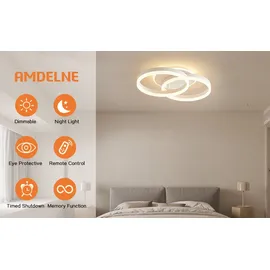 amdelne LED Deckenlampe Wohnzimmer 50cm 36W Deckenleuchte Moderne mit Fernbedienung Dimmbar, aus Metall+Acryl,Mit Nachtlicht Memory-Funktion, für Schlafzimmer, Esszimmer,Büro - Weiß