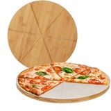 Relaxdays Pizzabrett Bambus 2er Set, runde Pizzateller 33 cm Ø, inkl. Backpapier, Pizza Schneidebrett mit Rillen, Natur,