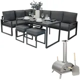 Garten-aluminium-möbelset Mit Tisch-pizzaofen Räucherofen Und Gartenbank 7-sitzer Grau