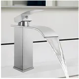 Eumaty Waschtischarmatur Wasserhahn Bad, Wasserfall Wenig Lärm Einhandmischer 304 Edelstahl Hochwertige Armatur Waschbecken Wassersparend Messing silberfarben 18 cm