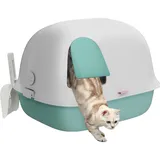 PawHut Katzentoilette mit Deckel, Katzenklo mit Sieb, Tür, Schaufel, Katze Toilettenhaus für kleine Katze unter 3,5 kg, Indoor, Kunststoff, Grün