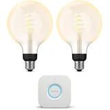 Philips Hue Starterpaket - E27 - mit 2 Filament Globe Lampen Groß (G125) - Warm bis Kaltweißes Licht - inkl. 1 Hue Bridge - Hue White Ambiance Filament