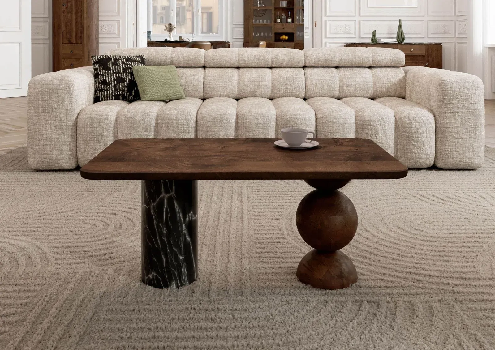 Couchtisch Mango 100x60x45 dunkelbraun lackiert / Marmor schwarz FLORENZ #205