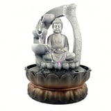 MEHOOSPVN Zimmerbrunnen Nirvana - Wasserfall mit Buddha & Weißer LED-Beleuchtung Pumpe Buddha Springbrunnen- Moderne Zen Deko, Ideal für Meditation & Entspannung - Feng Shui, Polyresin, grau