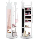 DREAMADE 3-in-1 Kinder-Schmuckschrank, 360° drehbarer freistehender Schmuckschrank mit Ganzkörperspiegel & Kleiderständer, Spiegelschrank, Weiß - Weiß