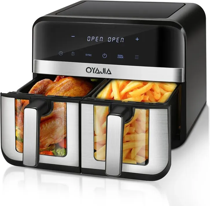 Oyajia RA930DSV Heißluftfritteuse mit getrenntem Temperaturregler für zwei Körbe, Digital-Touchscreen, für Hähnchen, Steak, Gemüse, Familienküche