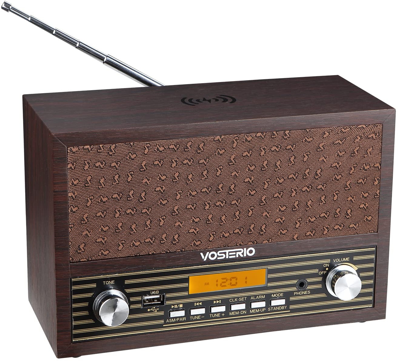VOSTERIO Retro FM Kurzwellenradio, Radiowecker aus Holz mit Kabelloser Ladestation, Vintage-Radio mit Bluetooth-Lautsprecher, USB-Diskettenspieler, LCD-Display, Wecker mit 2 Wecktönen