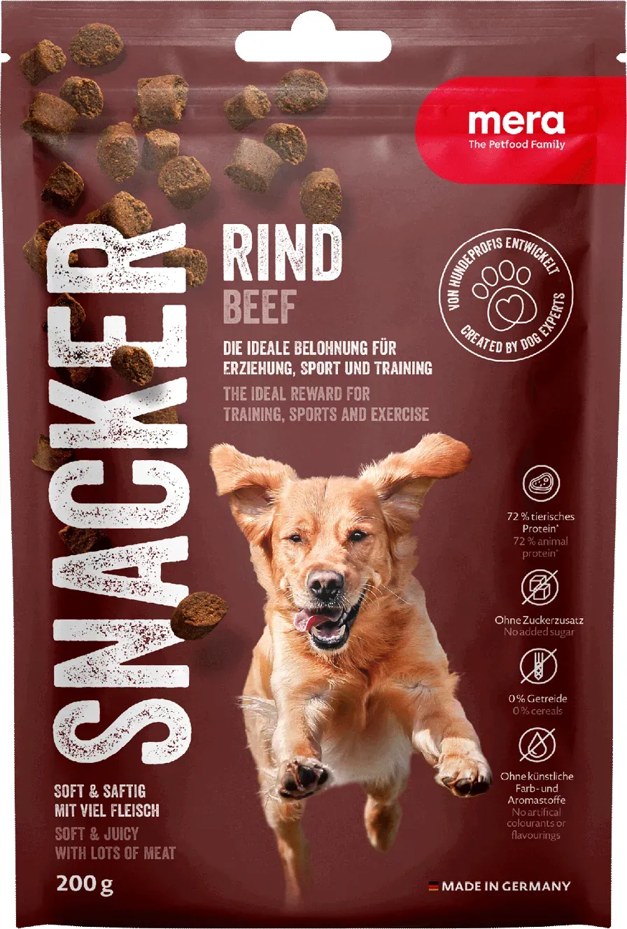 mera Snacker Rind Leckerlie für Hunde | Unsere saftig soften Trainingssnacks | Hundesnacks | Lecker und gesund belohnen, trainieren und verwöhnen 200g