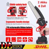 21V Akku Kettensäge Mini Elektro Motorsäge Handkettensäge 8 Zoll 1300mAh 2*Akku
