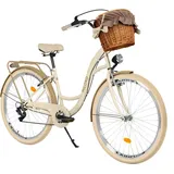 Milord Komfort Fahrrad Mit Weidenkorb Damenfahrrad, 26 Zoll, Creme-Braun, 7 Gang Shimano - Creme/Braun/Beige