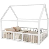 OKWISH Kinderbett Flachbett,mit Dach und Sicherheitsgeländern (Metallbett,für Kinderzimmer mit Dach, Sicherheitsgeländern, hoher Tragfähigkeit,Modernes Eisenbett ohne Matratze, Platzsparendes Design für Kinder & Jugendliche, 140 x 200 cm), ohne Matratze weiß