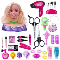 yozhiqu Frisierkopf Haarstyling- und Schminkpuppenkopf-Set für kleine Mädchen (35 Teile), Make-up-Übungsset für Mädchen, mit Haar-Accessoires, mit Haartrockner