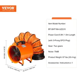 Vevor Bauventilator Baugebläse Baulüfter Gebläse 5175 CFM Axiallüfter mit 2-Stufigen Wechselstrommotor 10 m Schlauch Axialgebläse IP44 Wasserdichtigkeit Industrielüfter
