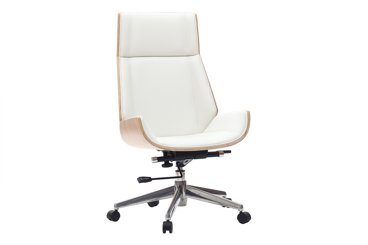 Fauteuil de bureau de direction design blanc, bois clair et acier chromé CURVED