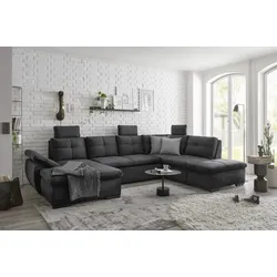 Wohnlandschaft ED EXCITING DESIGN "Alija U-Form", schwarz, B:334cm H:107cm T:217cm, 100% Polyester, Sofas, frei im Raum stellbar, Schlaffunktion, Kopfstützen, Armteilverstellung
