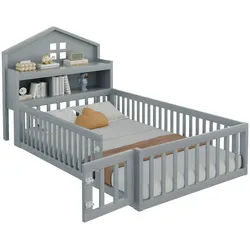 OKWISH bett 90x200 Massivholz Hausrahmen Kreidetafel Stauraum Regale Lattenrost robust langlebig vielseitig kreatives Design Grau