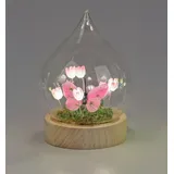 Formano LED Deko Tropfen Blumen Schmetterling Glaskugel mit Holzsockel & Timer 17cm - batteriebetriebene Frühlingsdeko für Tisch, Fensterbank & Geschenk