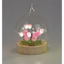 Formano LED Deko Tropfen Blumen Schmetterling Glaskugel mit Holzsockel & Timer 17cm - batteriebetriebene Frühlingsdeko für Tisch, Fensterbank & Geschenk