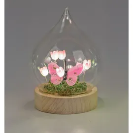 Formano LED Deko Tropfen Blumen Schmetterling Glaskugel mit Holzsockel & Timer 17cm - batteriebetriebene Frühlingsdeko für Tisch, Fensterbank & Geschenk