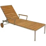 gardenson Sonnenliege Silber, Teak, Holz, Metall, Teakholz, Hartholz, 70x92x197 cm, Räder am Kopfende, wetterfest, regenabweisend, Rückenlehne verstellbar,