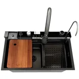 Faizee Home Wasserfall-Küchenspüle 75x45 cm – 1 Becken Nano Edelstahlspüle Schwarz mit Sprudelwasserhahn, 4-fach Armatur, Überlauf, Siphon, Ablaufgarnitur – modernes Spülbecken mit Zubehör
