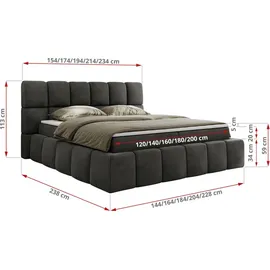MKS Meble Boxspringbett, Doppelbett NIRA mit dekorativem Kopfteil, Multipocket-Matratze und Topper, Polsterbett mit Bettkästen - 180 x 200 cm - H4... - Grau